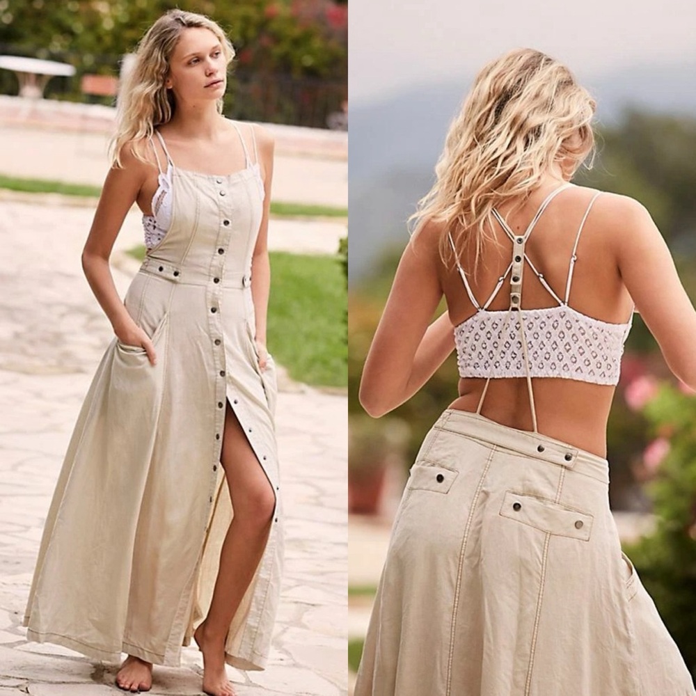 FREE PEOPLE Button Front Linen Maxi Jumper Dress